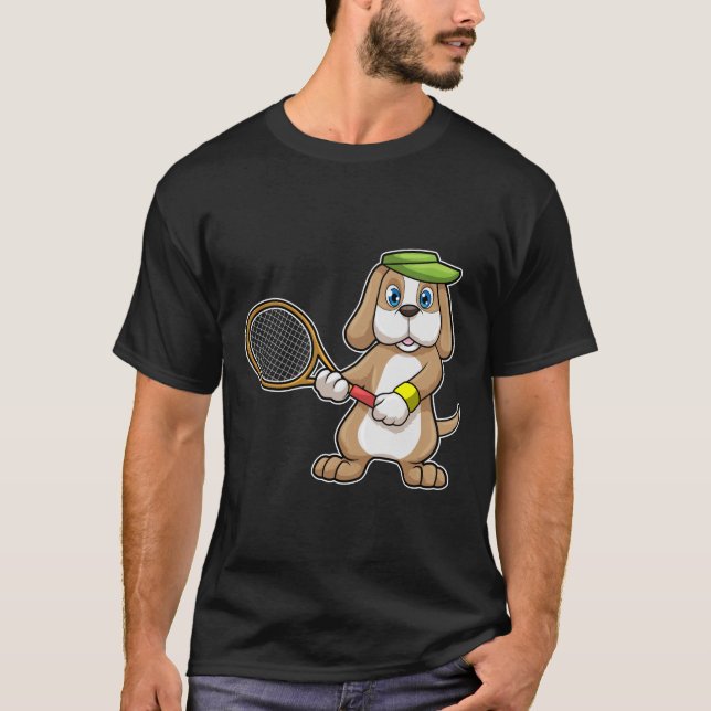 Dog at Tennis with Tennis racket & Cap T-Shirt (Front)