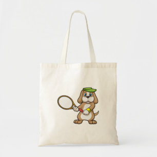 Dog at Tennis with Tennis racket & Cap Tote Bag