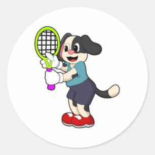 Dog at Tennis with Tennis racket Classic Round Sticker