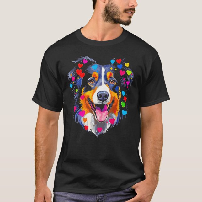 Dog Australian Shepherd Red Blue Pink Heart T-Shirt (Front)