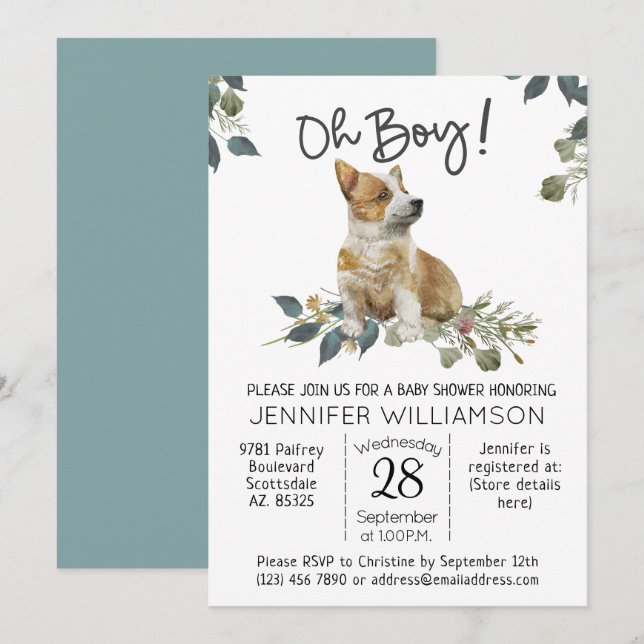 Dog Baby Shower Oh Boy! Corgi Puppy Invitation (Front/Back)