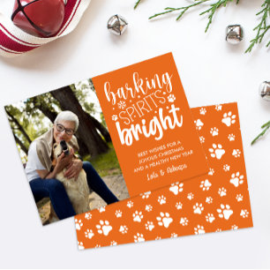 DOG BARKING SPIRIT BRIGHT PAWS ORANGE CHRISTMAS HOLIDAY CARD