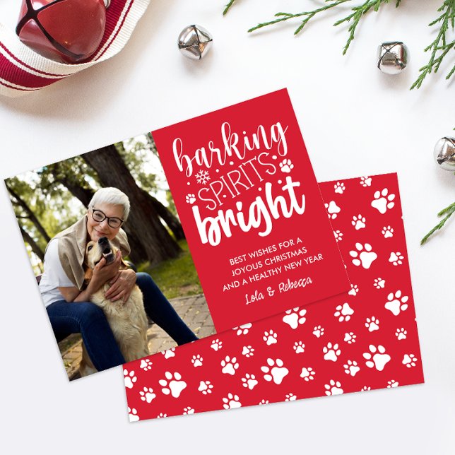 DOG BARKING SPIRIT BRIGHT PAWS RED CHRISTMAS  HOLIDAY CARD (RED WITHE DIGITAL PHOTO CARD FOR CHRISTMAS WISHES WITH PET OR DOG THEME ADD YOUR FURRY BABY PORTRAIT)