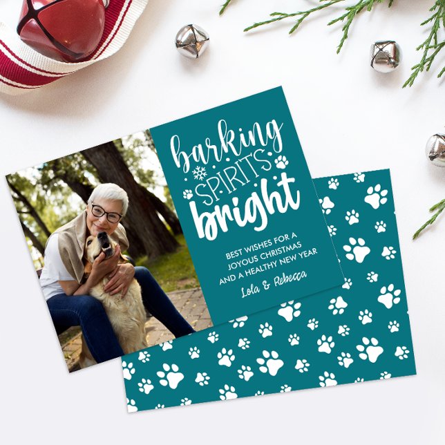DOG BARKING SPIRIT BRIGHT PAWS TEAL CHRISTMAS  HOLIDAY CARD (TEAL DOG THEMED PHOTO CHRISTMAS CARD WITH VERTICAL PORTAIT OF YOU AND YOUR PET DIGITAL DOWNLOAD )