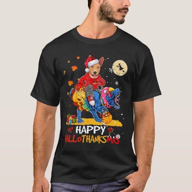 Dog Basenji Happy Hallothanksmas Halloween Thanksg T-Shirt (Front)