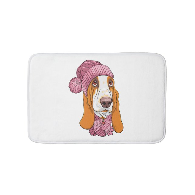 dog Basset Hound breed in knitted hat  Bath Mat (Front)