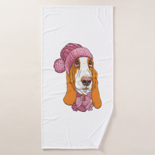 dog Basset Hound breed in knitted hat  Bath Towel
