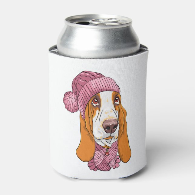 dog Basset Hound breed in knitted hat  Can Cooler (Can Front)