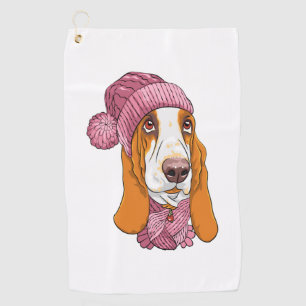 dog Basset Hound breed in knitted hat Golf Towel