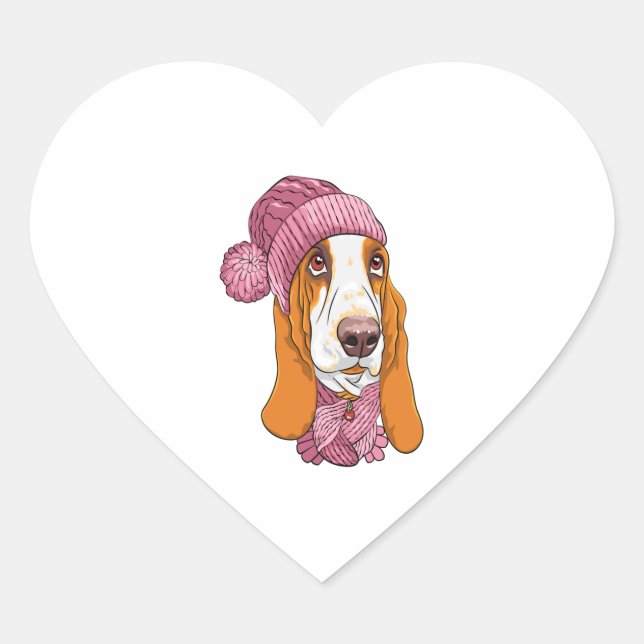 dog Basset Hound breed in knitted hat  Heart Sticker (Front)
