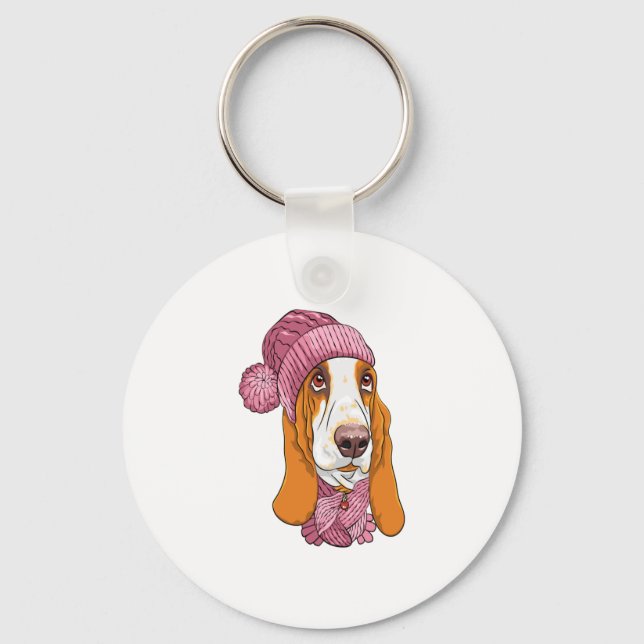 dog Basset Hound breed in knitted hat  Key Ring (Front)