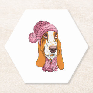 dog Basset Hound breed in knitted hat  Paper Coaster