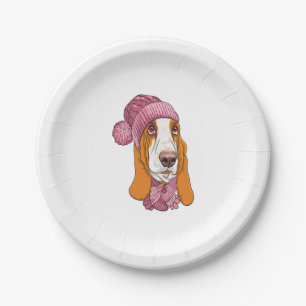 dog Basset Hound breed in knitted hat  Paper Plate