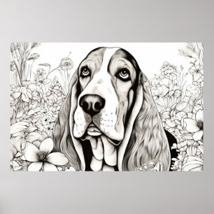 Dog Basset hound Peaceful Nature Prairie Sketch Poster
