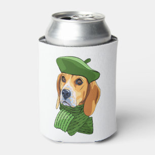 Dog Beagle in green French beret Can Cooler