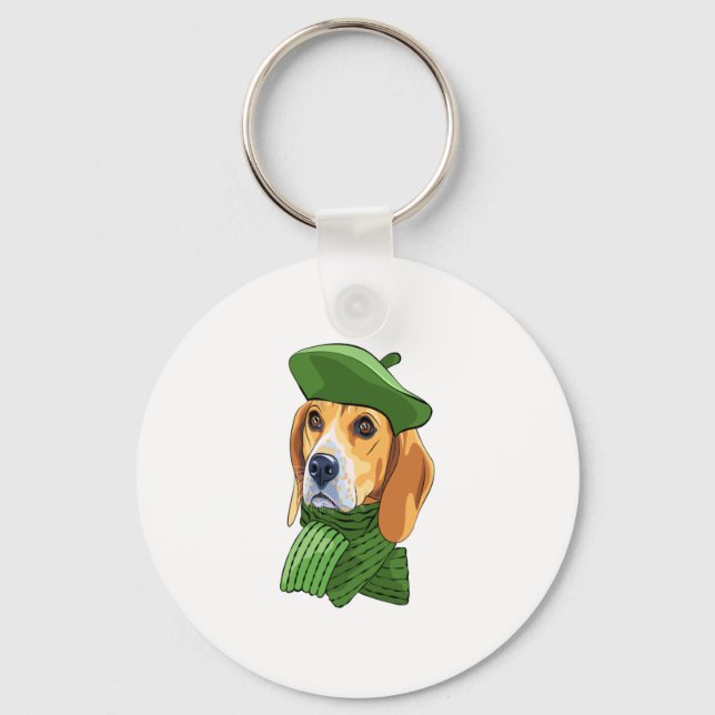 Dog Beagle in green French beret  Key Ring (Front)
