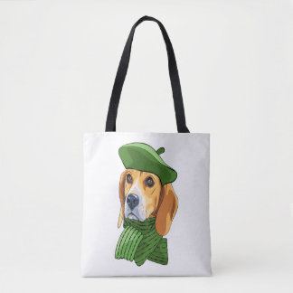 Dog Beagle in green French beret  Tote Bag