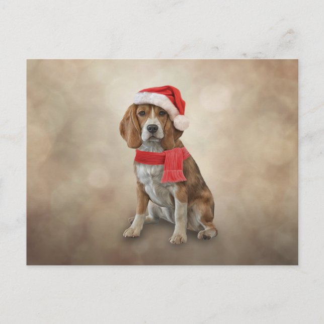 Dog Beagle  in red hat of Santa Claus Postcard (Front)