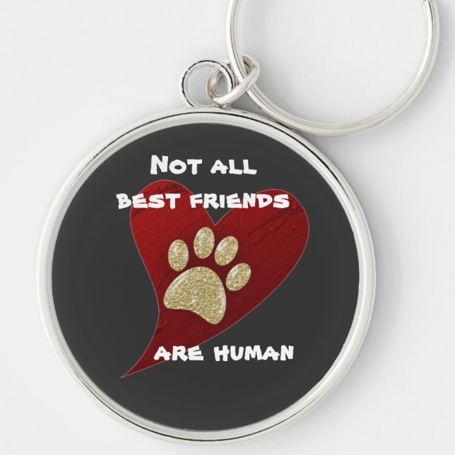 Dog Best Friend Red Heart Gold Paw Print Pet Key Ring (Front)