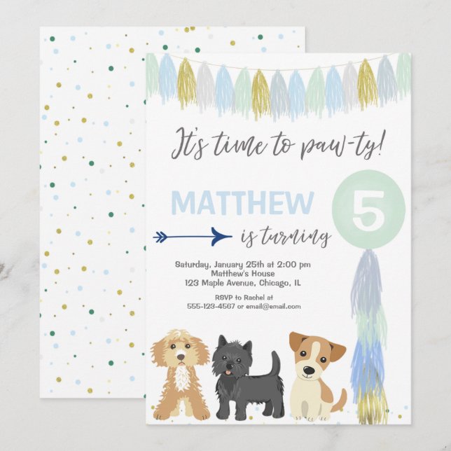 Dog birthday party, Cute puppy dog boy Invitation (Front/Back)