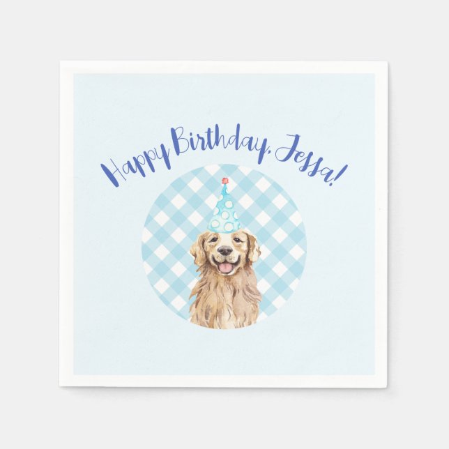 Dog Birthday Party Personalised Napkins Blue Plaid (Front)