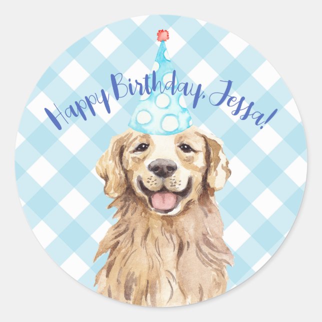 Dog Birthday Party Personalised Sticker Gingham (Front)