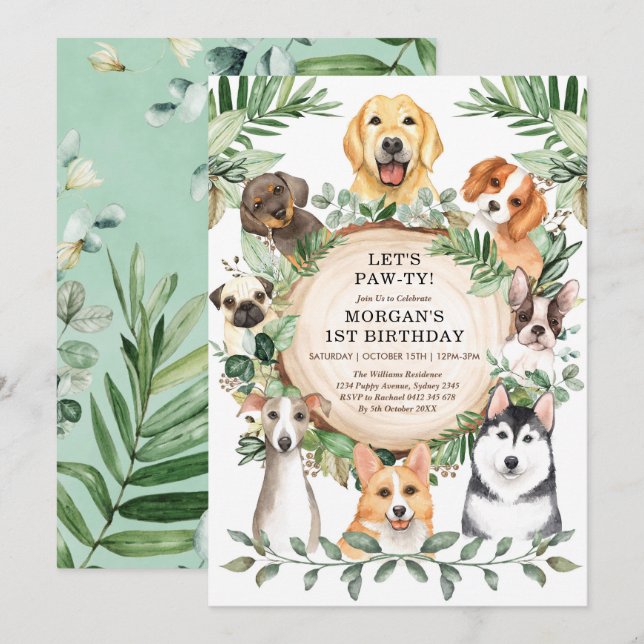 Dog Birthday Party Puppy Paw-ty Greenery Leaves Invitation (Front/Back)