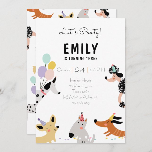 Dog Birthday Party Puppy Pawty Modern Girl Invite (Front/Back)