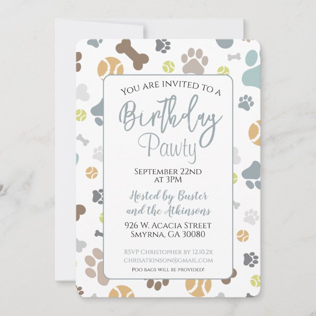 Dog Birthday Pawty Blue Party Invitation (Front)