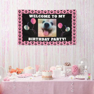 Dog Birthday Pet Photo Pink Black Paw Prints Party Banner