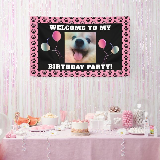 Dog Birthday Pet Photo Pink Black Paw Prints Party Banner (Party)