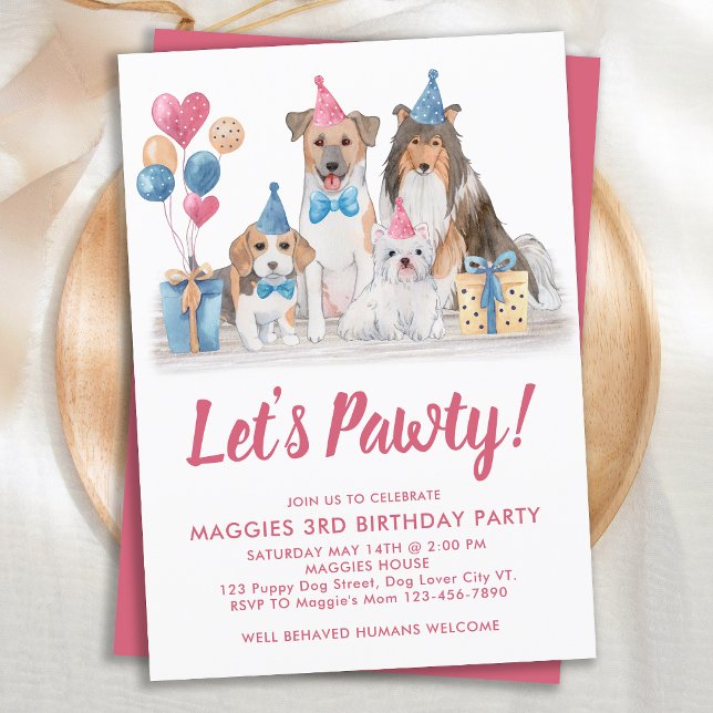 Dog Birthday Watercolor Pink Pawty Puppy Party Invitation (Creator Uploaded)