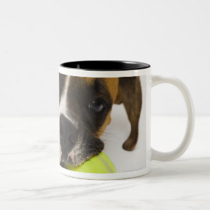 Dog biting tennis ball Two-Tone coffee mug