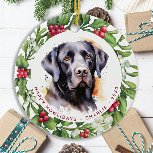 Dog Black Labrador Personalised Wreath Christmas Ceramic Tree Decoration