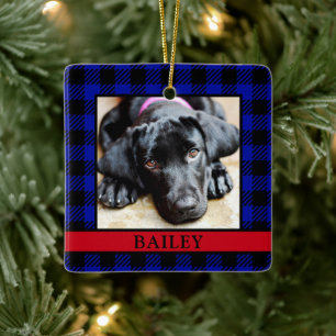 Dog Blue Buffalo Check Photo Ceramic Ornament