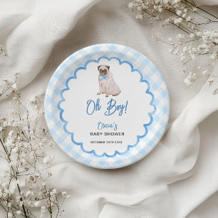 Dog Blue Gingham Oh Boy Baby Shower Paper Plate