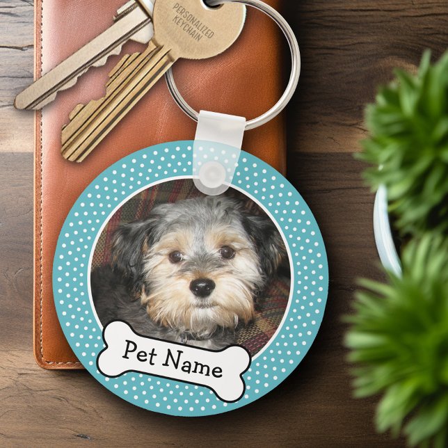 Dog Bone and Blue Polka Dot Pet Photo Frame Key Ring (Personalized Keychain - Add Your Pet Dog Photo)