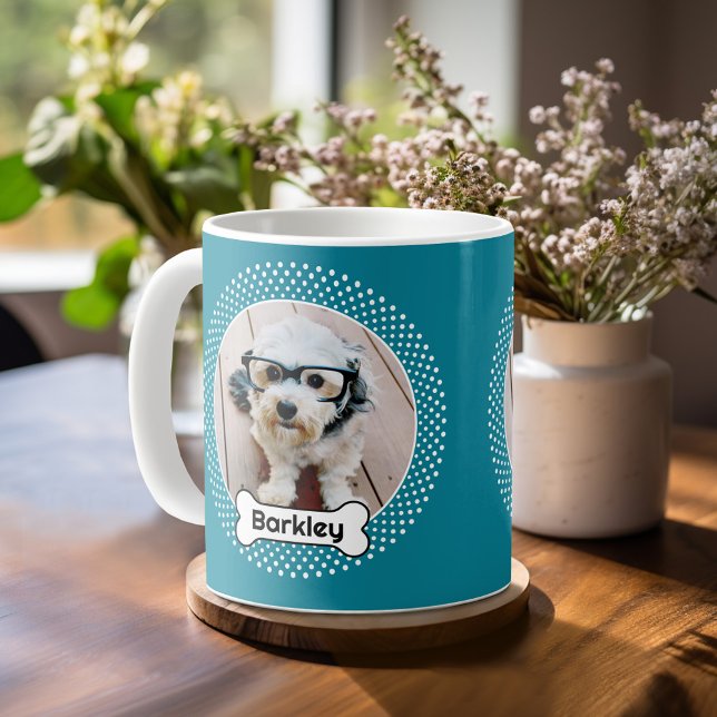 Dog Bone and Polka Dot Pet Photo Frame - Blue Coffee Mug (Personalized mug with a photo on each side - pet theme)