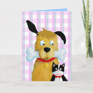 Dog Bone & Cat on Tartan Pattern - Greeting Card