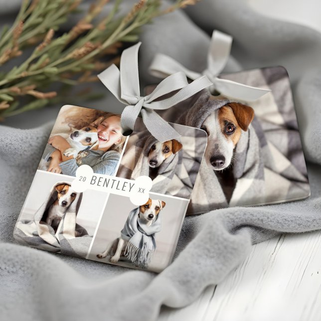 Dog Bone Modern Four Photo Pet Collage Ceramic Ornament (Dog Bone Modern Four Photo Pet Collage Ceramic Ornament)