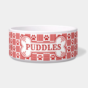 Dog Bone Name Red Paw Print Gingham   Personalised