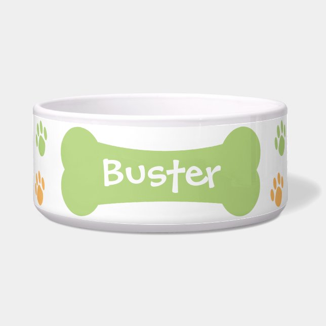 Dog Bone & Paw Prints Personalised Pet Dog Bowl (Front)