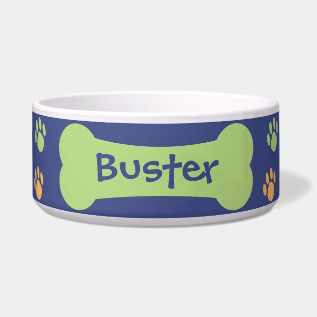 Dog Bone & Paw Prints Personalised Pet Dog Bowl (Front)