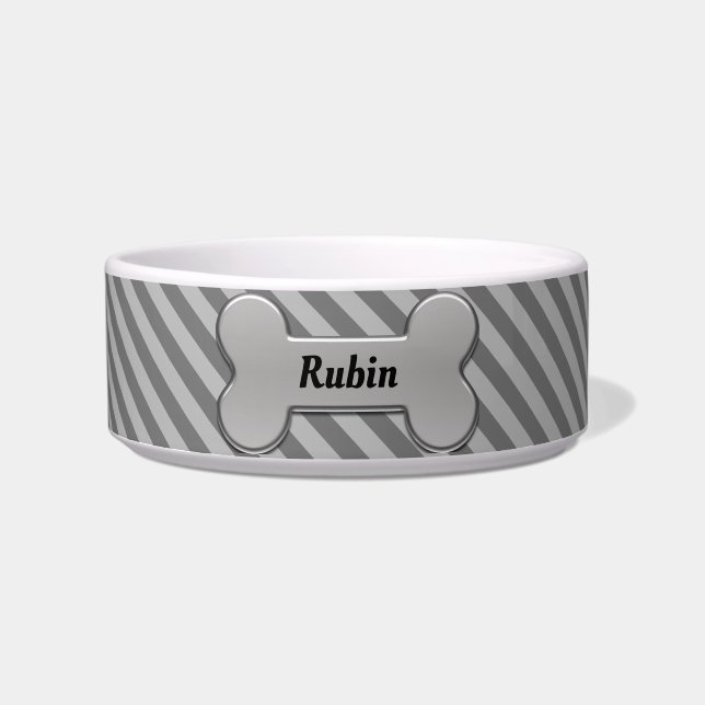 Dog Bone with Grey Diagonal Stripes - DIY Name Bowl (Front)