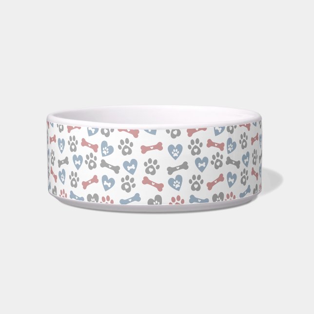 Dog Bones Paws And Hearts Blue Pink Grey Pattern Bowl (Left)