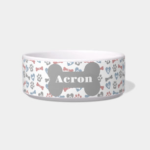 Dog Bones Paws And Hearts Blue Pink Grey Pattern Bowl