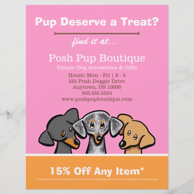 Dog Boutique Shop Three Pups Pink Coupon Ad Flyer (Front)