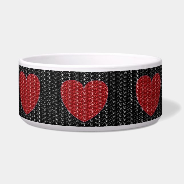 Dog Bowl Black Red Heart Glitter (Front)
