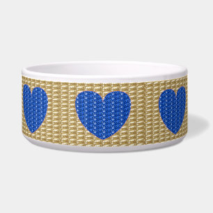 Dog Bowl Gold Ribbed Blue Heart Glitter