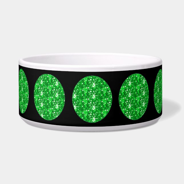 Dog Bowl Green Glitter Circles On Black (Front)